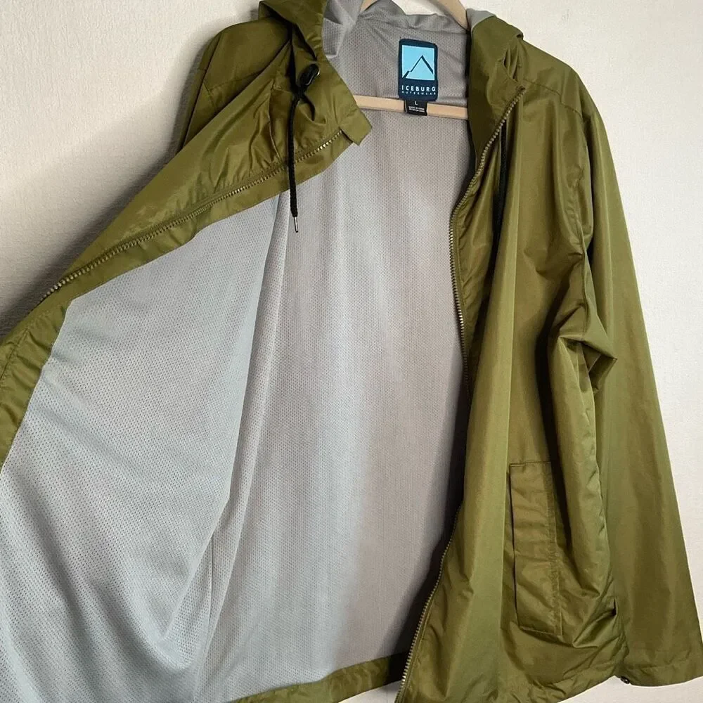 Iceburg Raincoat Mens Large Khaki‎ Olive Green lightweight Hooded Jacket Outdoor